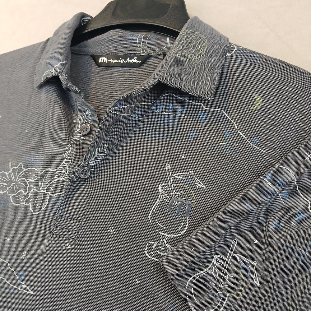 Travis Mathew Small Mens Polo Shirt Knit 19x26 Tiki Aloha Hawaiian